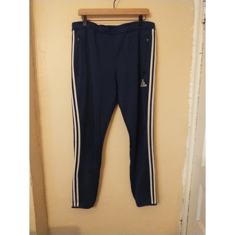 Adidas Mens Navy Blue Track Pants White Stripes Logo Drawstring Large L Active